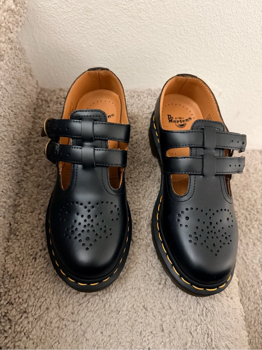 Dr. Martens Black Kids Mary Jane Shoes with Yellow Stitching